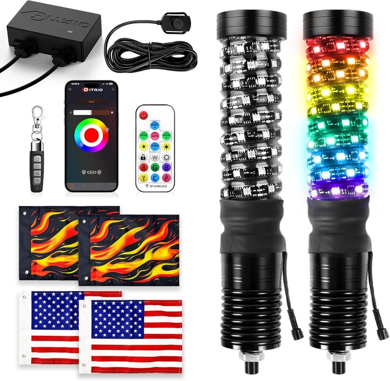 DITRIO 2 Pack 1FT Fat Whip Lights with App & Remote Control, Spiral RGB Chasing Lighted with Kill Switch, Side by Side Whip Lights with 4 Flags for UTV ATV SXS Truck, Multi Color, Waterproof, Music Mode - Image 1